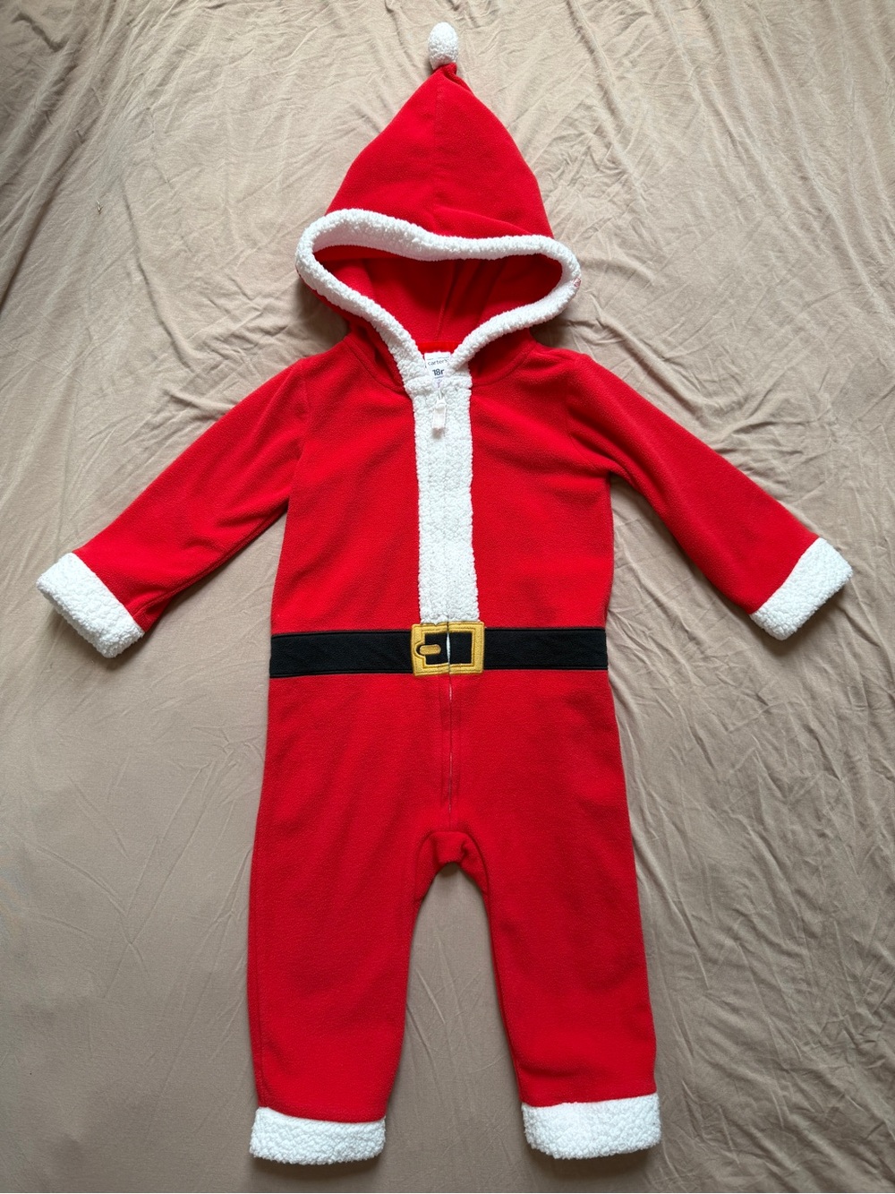 18M🎅 Carter’s Santa Sherpa Fleece Hooded Christmas One Piece Red White Jumpsuit